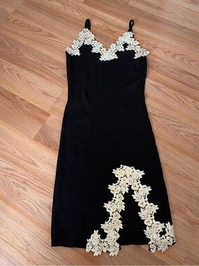 Black Slip Dress with Cream Lace Trim